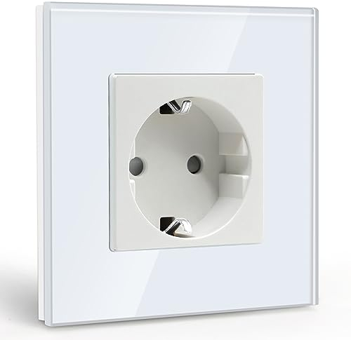 BSEED Schuko Steckdose 1 Fach KristallGlas Platte Unterputz 16Amp 86mm Weiß Verlängerungssteckdosen Wandsteckdose