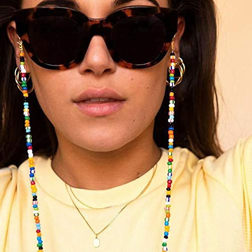 Yienate Boho-Klassische Brillenkette mit bunten Perlen, rutschfest, Brillenkette, Zubehör für Brillen, Brillenhalter, Sonnenbrillenhalter, Gurt für Damen und Mädchen (transparent)