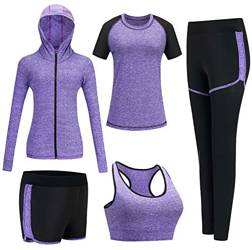 BOTRE Damen Traingsanzug Sport Set 5er-Set Sportanzüge Jogginganzug Gym Fitness Yoga Kleidung Laufbekleidung Sportswear Yoga Outfit Damen BH Leggings Set