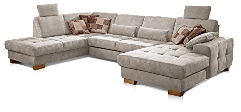 CAVADORE Sofá Pucino con núcleo de muelles, Ajuste de la Profundidad del Asiento y 2 reposacabezas, sofá en Forma de U, 340 x 86 x 224 cm, Microfibra, Color Crema