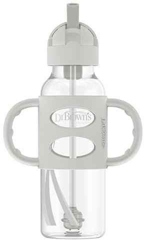 Dr. Brown's Milestones – Botella fina antifugas con asas 100% silicona y pajita pesada – 250 ml – Gris a partir de 6 meses