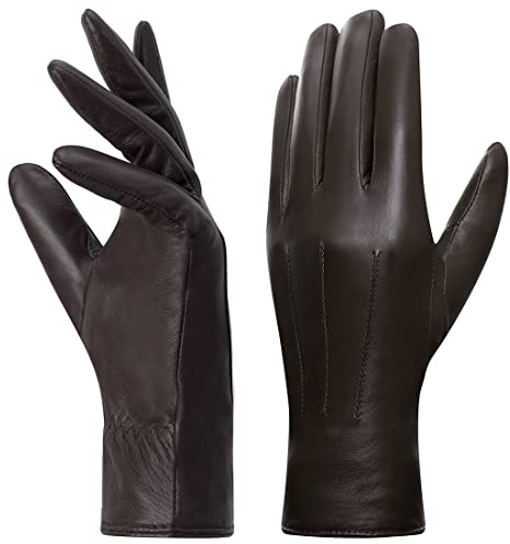 Harssidanzar Lederhandschuhe für Damen, Winter Warm Fleecefutter Touchscreen Vintage Finished GL018EU,Braun, Größe L