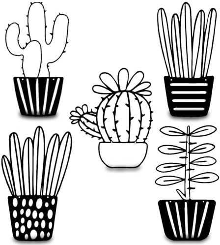 Resama 5 Stück Kaktus,Natürliches Thema,Pflanze Modernes Metall Wandkunst Schwarz Wanddekor Einfach Sukkulente Topfblume Wandkunst für Büro Haus Wohnzimmer Badezimmer Housewarming Dekor