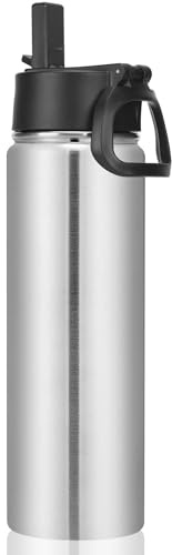 Volhoply 660ml Insulated Water Bottles with Straw Lid, Stainless Steel Sports Bottle with Handle, Double Walled Metal Travel Water Tumbler with Wide Mouth,Reusable Water Flask for School(Silver,1 Set)