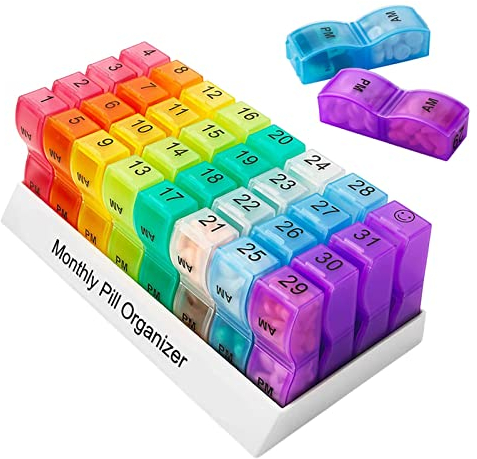 Monat Tablettenbox Morgens Abends 2 Fächer, Regenbogenfarbener Pillendose, Aufklappbarer Tablettenspender, 20.5x10.3x7cm, 1 Pcs