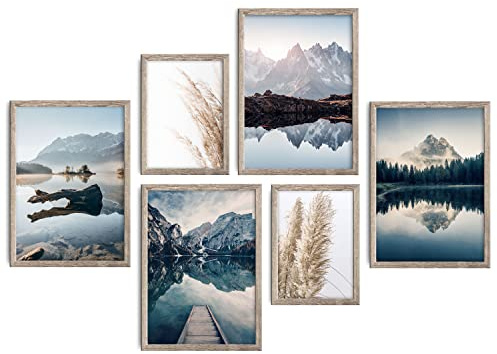 decomonkey 6er Poster Set ohne Bilderrahmen, Natur, 2x A4 & 4x A3 | 2x DIN A4 & 4x DIN A3, Landschaft, Wohnzimmer, Schlafzimmer, Wandposter, Bilder, Collage, Modern, Wanddeko, Berge, See, Blau