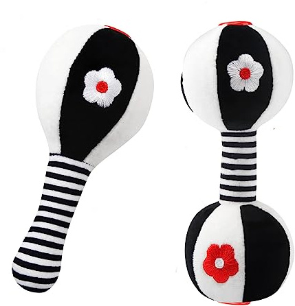 JoyLife Jouets D'éveil Bebe 0 3 6 12 Mois, Noirs et blancs Jouet de Peluche Hochets Haltère Cadeau pour Bebe Garçon Fille, Voyage Douce Jouets en Peluche avec des sons pour Nouveau-né cadeaux