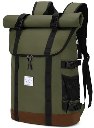 Kasgo Sac à Dos Roll Top, Grand Sac à Dos Ordinateur 15,6 Pouces Homme Femme Ados Antivol Extensible Résistant à l'Eau Cartable pour Travail College Sport Randonnée 33L Vert Militaire