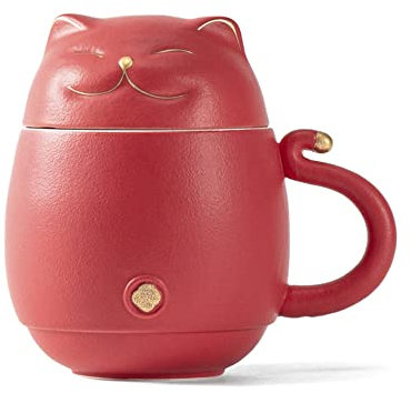 Oriarm Ceramic Tea Cup with Infuser and Lid, Lucky Cat Mugs Set with Travel Case, Chinese Tea Cup with Filter for Steeping Loose Leaf (Red)