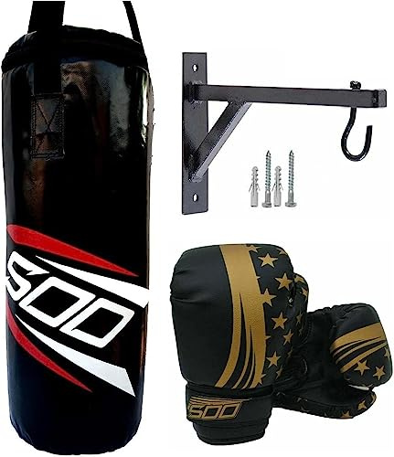 Kids Punching Bag Set, Unfilled Junior Kick Boxing Bag Kit with Gloves Pads & Hanging 12’’ Wall Bracket, Heavy Duty Wall Mounted Punch Bag for Youth MMA, Martial Art Thai Training
