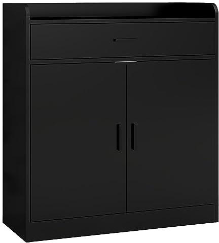 Panana Modern 2-Door & 1 Drawer Shoe Cabinet, Stylish Hallway Storage Cupboard Freestanding Wooden Footwear Organiser Wall Hidden Shoe Rack Unit (Black)