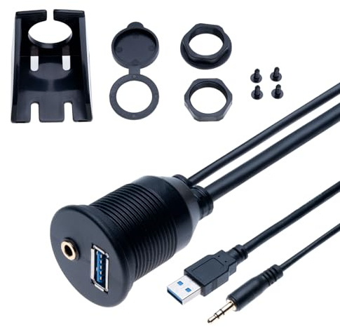 USB 3.0 Unterputzkabel Flush Mount Kabel 3,5mm AUX Verlängerungsleitung 1M Weibliches Armaturenbrett Wasserdichter Adapter Code für Auto, Fahrrad, Motorrad, Boot, Lkw-Anhänger (1 Meter)