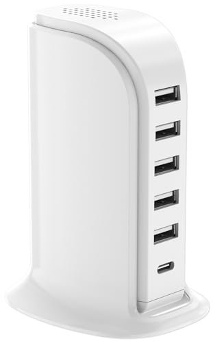 Charging Station for Multiple Devices Upoy, Multi USB Tower Hub with 5 USB+1 Type C Ports, USB C Charger Block Fast Charging for Apple/Samsung/Android Gadgets, Cute Home Office Desk Accessories