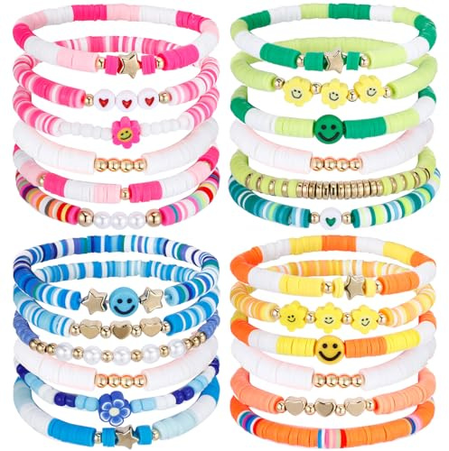 Sureio 24 Pcs Colorful Heart Smile Face Flower Friendship Bracelets Surfer Stretch Beaded Bracelet for Women Summer Beach Birthday Party Favors