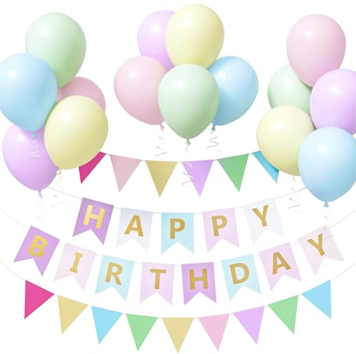 Unisun Pastel Birthday Decorations with Happy Birthday Banner & Bunting | Include 12 Inch Pastel Colourful Balloons, with 10m Ribbon, For Girls, Women, Kids, Party Decorations