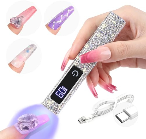 Saviland Mini Lampada U V LED Unghie, 12W Lampada per Unghie Piccola Senza Fili, con Schermo LCD, USB Ricaricabile e Portatile, Penna per Asciuga Unghie Salone di Casa Diamante D'argento