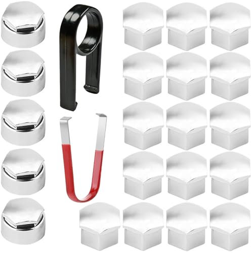 Gebildet Copridadi Ruota Cromati da 17mm, Copridadi per alette, 24 Pezzi Kit Protezione Viti Copribulloni Universali, 17 Copriviti Ruota da 17mm, 5 Cappucci Antifurto Rotondi e 2 Clip
