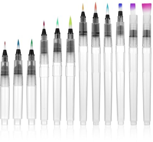 Abeillo 12PCS Watercolour Brush Pens Set, 10Pcs Point Tip and 2Pcs Flat Tip Watercolour Aqua Paint Brushes, Refillable Water Brush Pen for Watercolor Painting Calligraphy Lettering