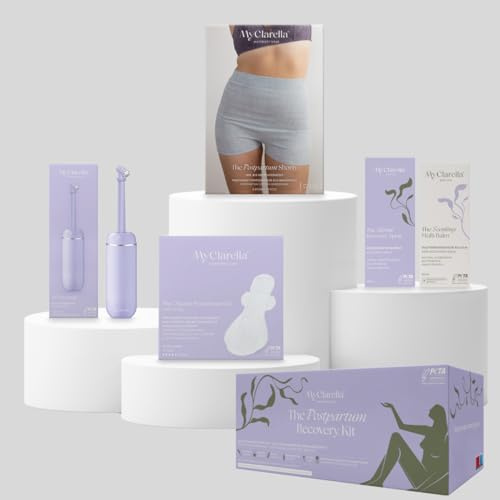 MyClarella Wochenbett Geschenk Set | Pflegepaket für Neumamas nach der Geburt| Inkl. Einwegunterwäsche, Bio Baumwoll-Binden, Intimdusche, Brustwarzencreme, Regenerationsspray & Wochenbett Guide