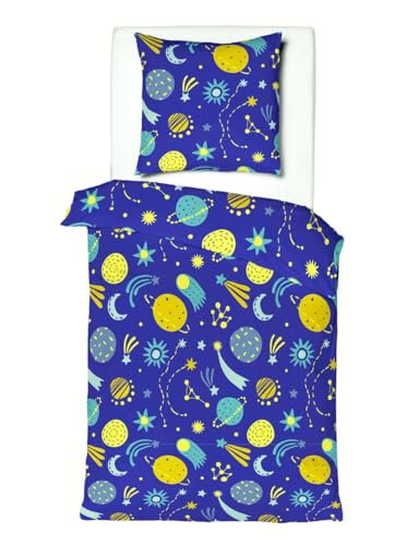 JACK Renforcé Kinder Bettwäsche 2 TLG. 135x200cm Astronaut Weltall Galaxie Planeten Blau Gelb