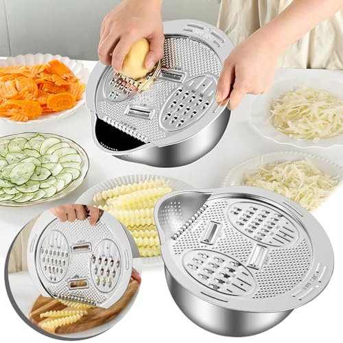 POLGDW 6 In 1 Fruit and Veggie Slicer Grater,Stainless Steel Drain Basket Strainer Bowl Set With Peeler,Kitchen Basin Drain Basket Colander Set