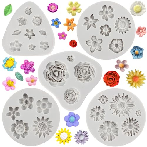 MYPRACS Flower Fondant Cake Silicone Mould Daisy, Rose, Chrysanthemum and Small Flower Candy Silicone Moulds for Cake Decorating Cupcake Topper Candy Polymer Clay Chocolate Gum Paste Set of 5