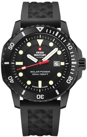 Swiss Military by Chrono Herren Uhr Solar Quarzwerk mit Kautschukarmband Analoge Herrenuhr Armbanduhr Schwarz SMS34102.03