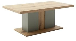 möbelando Couchtisch >MONIZ< MONIZ Couchtisch – Moderner Couchtisch mit Eiche Evoke Melamin Tischplatte und Salbei Grün Säule, Maße: B/H/T ca. 115/45/65 cm, ideal fürs Wohnzimmer