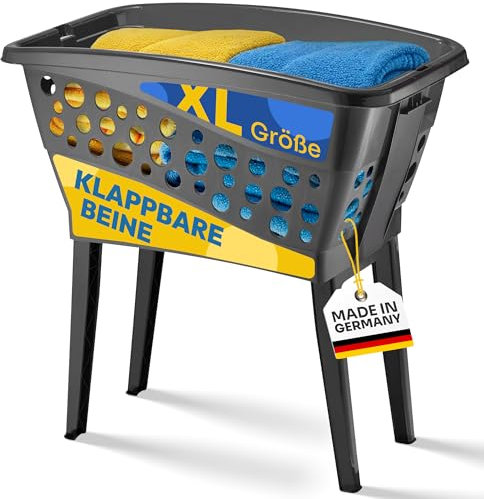 Gardissimo 50 Liter XL Wäschekorb mit klappbaren Füßen 69 x 40 cm – Made in Germany - black - Stand Wäschebox mit Beinen auf Knopfdruck ausgeklappt - Wäsche Sammler Box Korb stehend