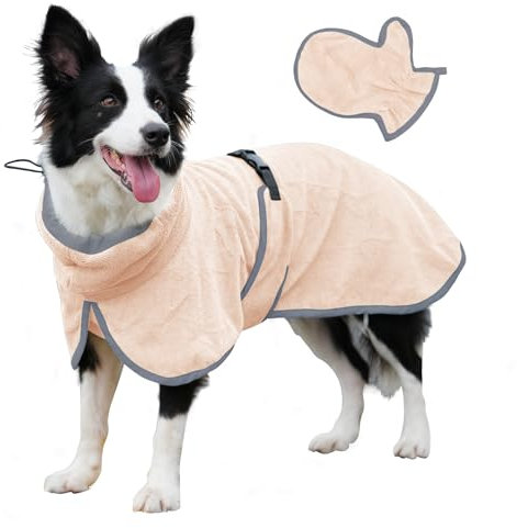 JoyDaog Hunde-Bademantel mit Badehandschuh für schnell trocknende Mäntel, Hundemäntel mit verstellbaren Hüftgurten für mittelgroße Hunde, leicht absorbierende Handtücher, Beige, Größe M