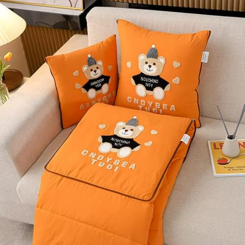 AQCQDQ Kleiner Bär Reisedecke und Kissen 2 in 1, Das Sich Durch Öffnen des Reißverschlusses Zu Einer Steppdecke, Reisedecke mit Kissen Set Multifunktionale Reise Decke für Ruhe (orange,40 x 40 cm)