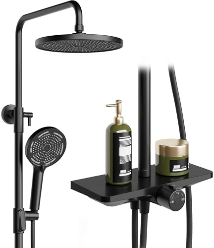 Regendusche Ohne Armatur Mit Ablage, Duschsystem Mit Duschkopf Edelstahl Verstellbare DuschsäUle Duschstange ÜBerkopfbrause Set Kopfbrause Rund 25cm Schwarz