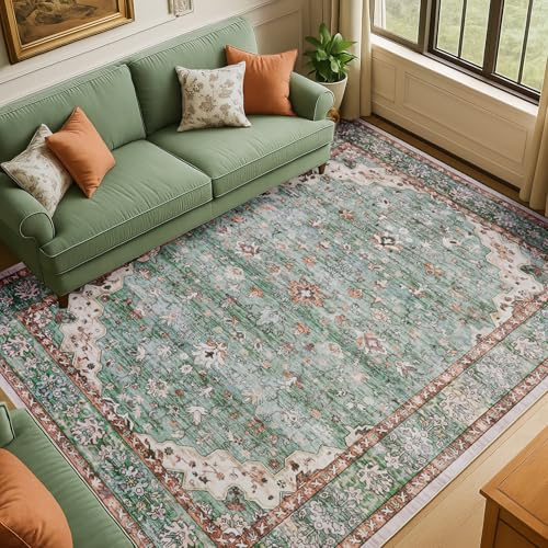 Topfinel Large Rugs for Living Room 200x290cm, Low Pile Washable Rug with Non-Slip Backing, Vintage Green Area Rug for Bedroom, Dining Room