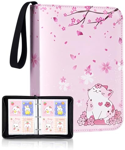 SCBOY Karten Sammelalbum Sammelkarten Album mit Reissverschluss Halten von 400 Karten 50 Seit Kompatibel Diverse Karten Geschenk Für Kinder (Rosa Katze)