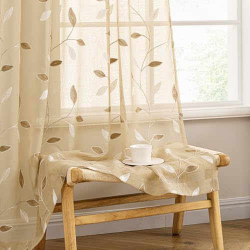 MIULEE Khaki Sheer Curtains 2 Panels Embroidered Leaf Patterned Rod Pocket Floral Semi Sheer Faux Linen Window Curtains Drapes Set for Living Room Bedroom Dining Room, 52x84 Inches Long