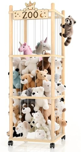 Stuffed Animal Storage Zoo Tower,56In Wooden Large Stuffed Animal Holder Organizer with Wheels,Stuffy Plushies Storage with Elastic Band&Mesh Bottom,Toy Storage Organizers for Playroom Bedroom Nursery