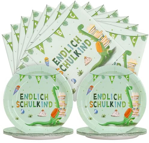 Joxessaien 40 Stück Dinosaurier Schulanfang Pappteller Set, Partygeschirr Einschulung Junge, 20 Pappteller + 20 Servietten für Einschulungsfeiern