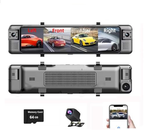 4 kanaler instrumentkamera 12 tum 4K WIFI backspegel, främre och bakre kamera, 360 graders panoramautsikt bil DVR, med ADAS BSD mörkerseende 24 timmars parkeringsmonitor videoinspelare 【64 GB ingår】
