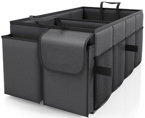 AXVRAV Kofferraum Organizer, Faltbare Auto Kofferraumtasche groß mit doppelten Böden, Stabiler Auto Organizer mit 2 Fächern, kofferraumtaschen mit Verstellbaren Riemen 56 x 33 x 28 cm, Schwarz