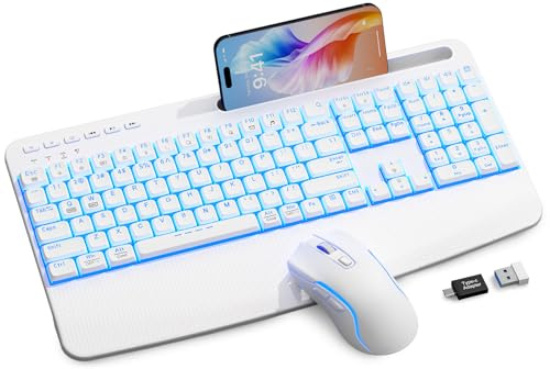 White Keyboard and Mouse Wireless Combo, 4000mAh Rechargeable Backlit Quiet Keyboards mice Set, USB Ergonomic Key Board with Wrist Rest & Phone Holder for PC, Mac, Windows, Natural Soft Typing