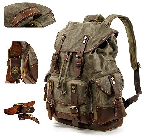 Mochila de lona encerada para hombre, de piel auténtica, bolsa de viaje de montañismo, resistente, impermeable, de gran tamaño, muy espaciosa, para viajes, al aire libre, fin de semana