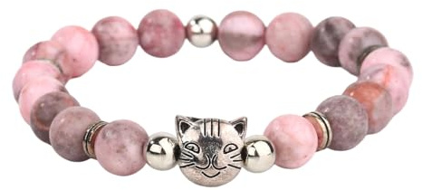 Mikovivi Pink Cat Stone Bracelet with Greeting Card, Stretch Lucky Cat Charm Spiritual Protection Beaded Bracelet Emotional Support Jewelry for Women Good Luck Gift