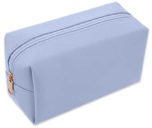 Small Makeup Bag PU Leather Cosmetic Bag Make Up Organizer Portable Storage Purse Large Capacity Waterproof Neat Multifunctional Zipper Pouch Travel Toiletry Bags for Handbags Women Daily Use(Blue)