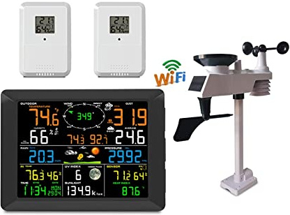 Stazione Meteo, Stazione meteorologica Allarme digitale Orologio da parete Interno 2 pezzi Pluviometro anemometro pressione umidità esterna(WIFI0300-02)
