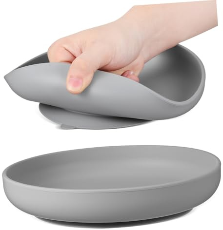 BIUDECO 2 Pièces Assiette Ventouse Silicone Anti-débordement pour Seniors et Patients Plate Divisée Stable avec Base Adhésive Adaptée à Alimentation Autonome des Personnes Âgées et