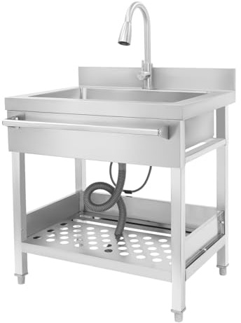 Évier de cuisine autoportant avec robinet en acier inoxydable - Avec meuble bas - Établi - Pour restaurant, garage ou buanderie - 65,5 x 51,5 x 92 cm - Argenté