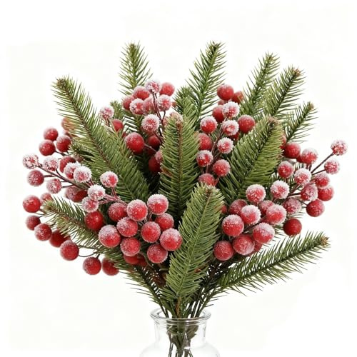 Korsaot 22 Stück Rote Beeren Deko Weihnachten, Künstliche Tannenzweige, Beerenzweig Künstlich, Tannenzweige Künstlich für Weihnachtsbaum Dekoration Handwerk Hochzeit Feiertage Winter Deko