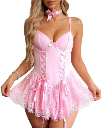 Women’s Sexy Lace Teddy Lingerie Dress Push Up Underwire Bodysuit lace Dress Set with Suspender Belt, Chemise Mesh Sheer Babydoll Cutout Back Strappy Corset Silk Slips Lace Up Bow Nightdress Bridal