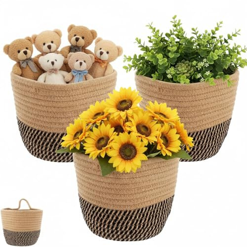 3 Stück korb aufbewahrung mit Henkel,hängekorb 16x15cm, Baumwollseil Geflochten Korb zum Aufhängen,Kleine Aufbewahrungskörbe Wandkörbe,körbchen für Küche, Bad, Wohnzimmer(Bräunlich Schwarz)