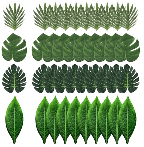LoNinLoAn 40 foglie tropicali decorative, foglie di monstera artificiali, foglie di palma tropicali, foglie artificiali per decorazioni di compleanno della giungla hawaiana